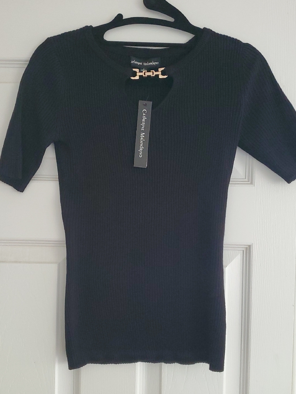 Catherine Malandrino Black Ribbed Knit Top with Elegant Gold-Link Accent
